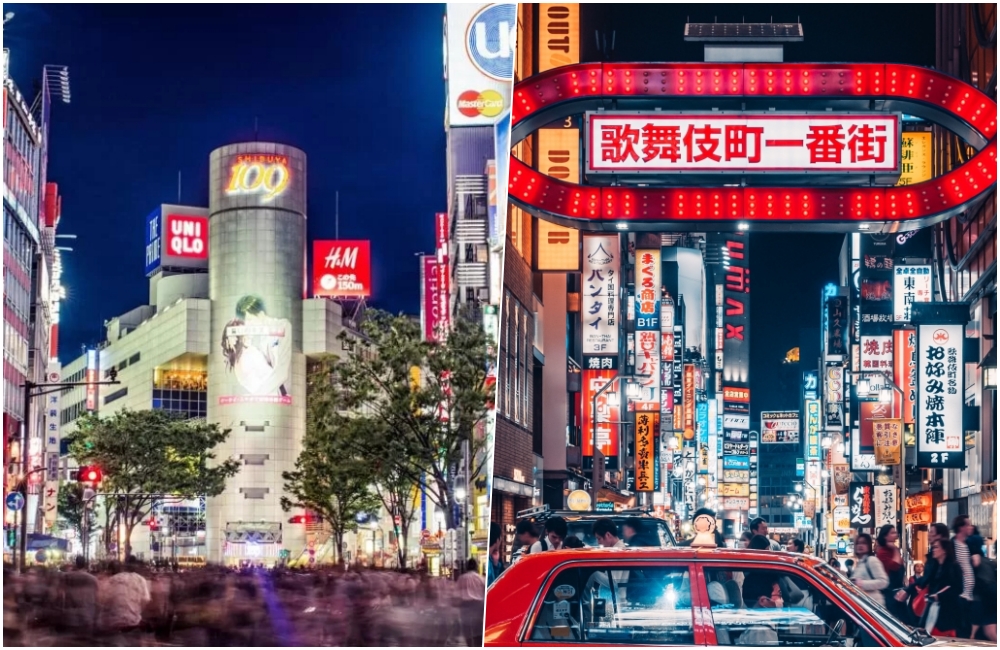 東京新宿歌舞伎町或澀谷夜晚街景，密集霓虹燈招牌與夜間人潮，展現繁華夜生活