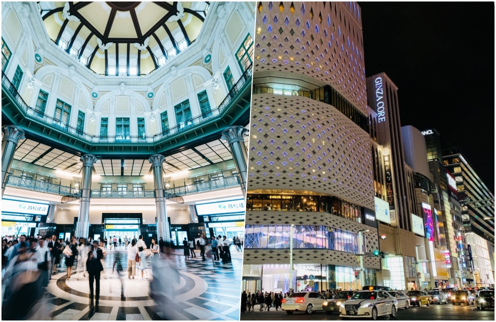 東京站 VS 銀座住宿:效率交通對比奢華氛圍 東京站與銀座住宿比較首圖:左為東京車站丸之內口穹頂內部,右為銀座GINZA CORE購物中心夜景,呈現兩區氛圍差異