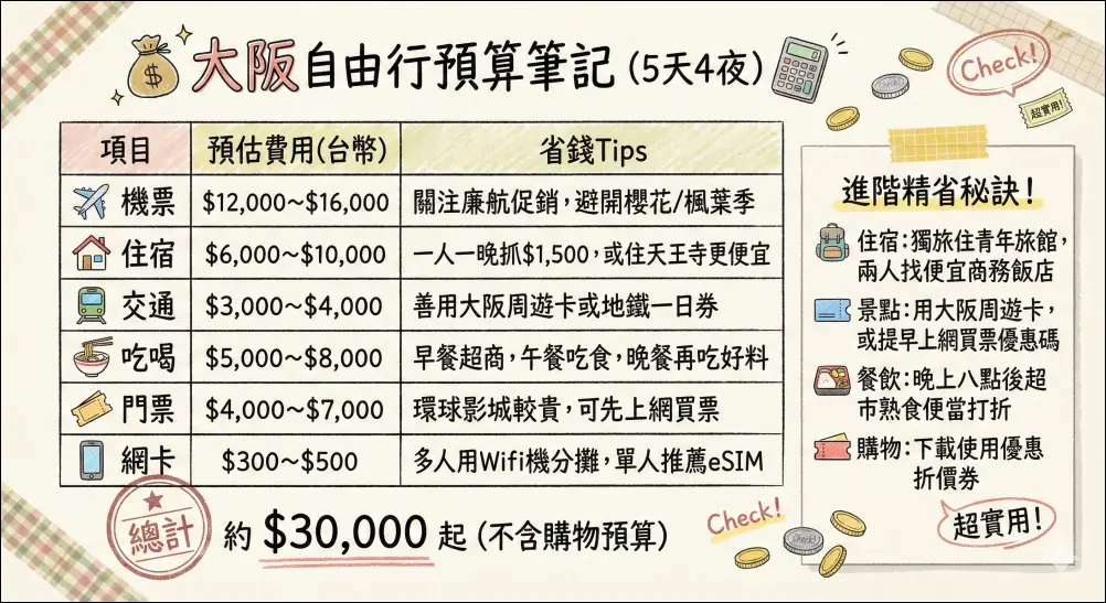 大阪自由行5天4夜預算規劃表:機票、住宿、交通、門票與餐飲花費預估(總計約台幣3萬起),包含善用周遊卡與超市熟食等省錢秘訣手繪圖。